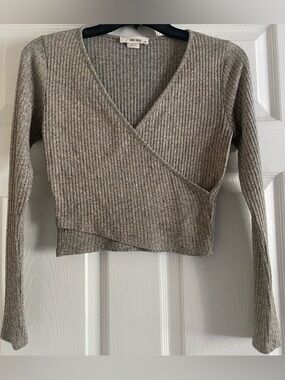 Sans Souci Gold Shimmer Ribbed Wrap Crop Top Long Sleeve Size M Y2K